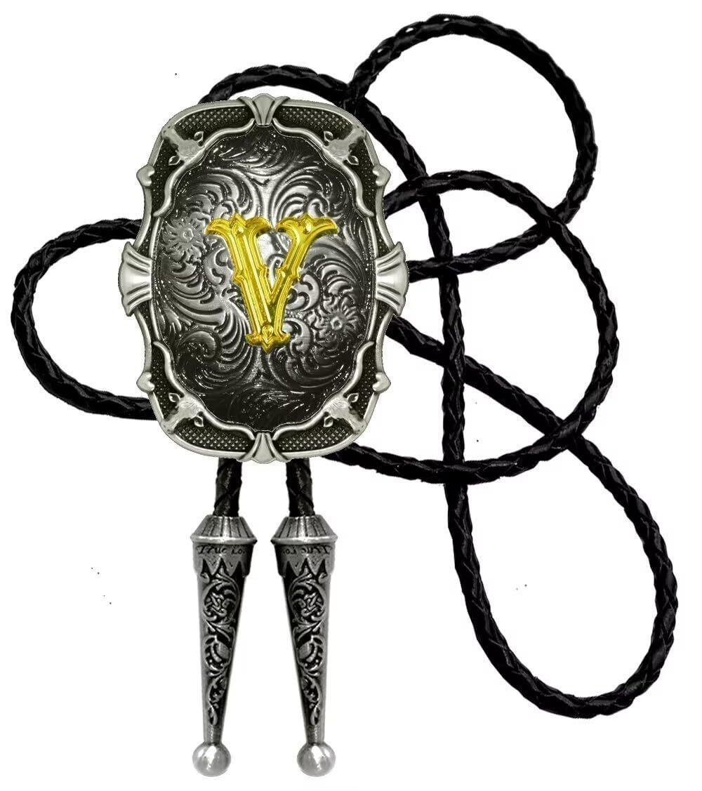 2785 Bolo Tie Silver Initial Letter A to Z In Western Cowboy Medal Style
